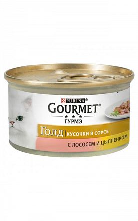 Gourmet Gold консерва для кошек КУСОЧКИ В ПОДЛИВЕ С ЛОСОСЕМ И ЦЫПЛЕНКОМ  