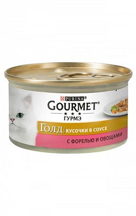 Gourmet Gold консерва для кошек КУСОЧКИ В ПОДЛИВЕ С ФОРЕЛЬЮ И ОВОЩАМИ  