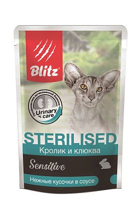 Blitz Sensitive пауч для кошек стерилизованных (КРОЛИК-КЛЮКВА В СОУСЕ) 