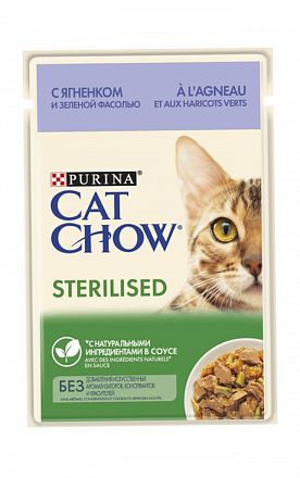 Cat Chow Sterilised пауч для стерилизованных кошек (ЯГНЕНОК С ЗЕЛЕНОЙ ФАСОЛЬЮ В СОУСЕ)