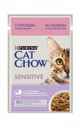Cat Chow Sensitive пауч для кошек c чувствительным пищеварением (ЛОСОСЬ С КАБАЧКАМИ В СОУСЕ)