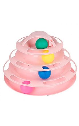 Игрушка для кошек Трёхэтажный трек с башней и мячиками, розовый пластик