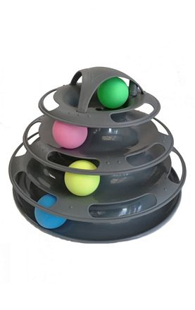 Игрушка для кошек Трёх этажный трек с башней и мячиками, серый пластик 